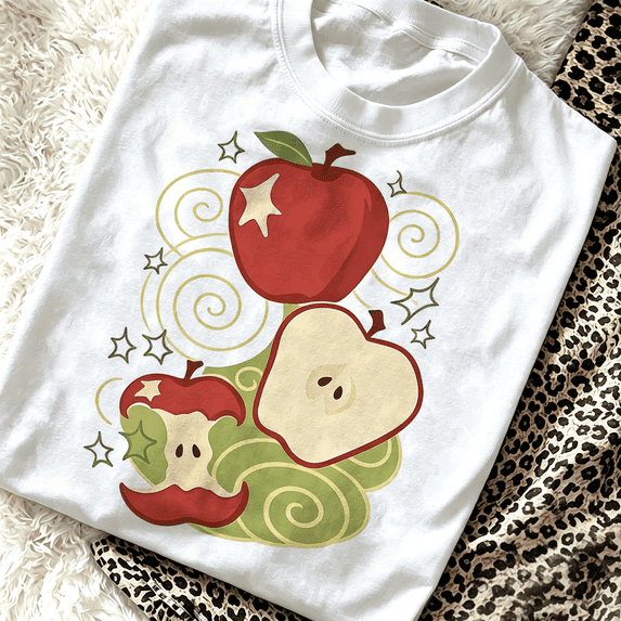 Cute Teacher Apple Women Graphic T‑Shirt, Retro Fruit Print Casual Short Sleeve Crew Neck Tee Top