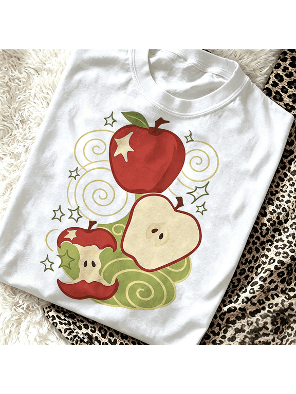 Cute Teacher Apple Women Graphic T‑Shirt, Retro Fruit Print Casual Short Sleeve Crew Neck Tee Top