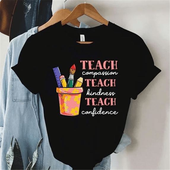 Cute Teacher Day Teach Compassion Teach Kindness T-shirts For Women Summer Lovely Short Sleeve Casual T-shirts Funny Ladies Round Neck Tops