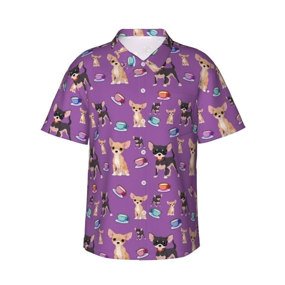 Cute Teacup Chihuahuas Men'S 3d Print Casual Button Down Shirts, Novelty Hawaiian Short Sleeves L