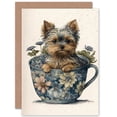 thumbnail image 1 of Cute Teacup Yorkshire Terrier Dog and Flowers in Floral Tea Cup Modern Watercolour Illustration Art Birthday Greeting Card Plus Envelope Blank inside, 1 of 3