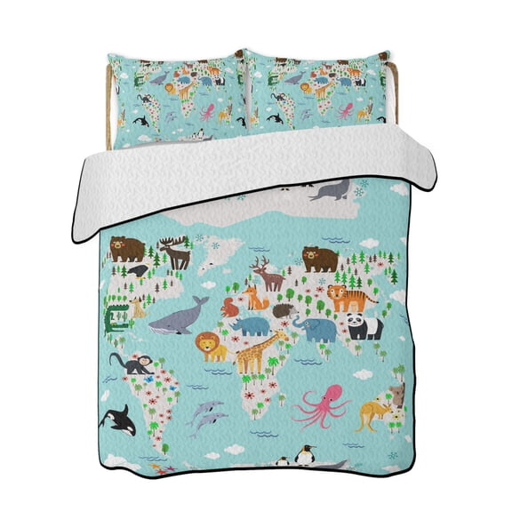 Cute Teal 3 Pieces Quilt Set, 1 Quilt with 2 Shams, Cartoon Animal Map Bird Bear Octopus Bunny Whale Bedspread Soft Lightweight Bedding Coverlet Comforter Set for All Season 90"x96"