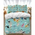 thumbnail image 1 of Cute Teal Bedding Duvet Cover Set Full Size 4 Pieces Cartoon Animal Map Bird Bear Octopus Bunny Whale Bedding Set with Zipper Closure, 1 Comforter Cover 86x86 Inches 1 Flat Sheet & 2 Pillow Cases, 1 of 7
