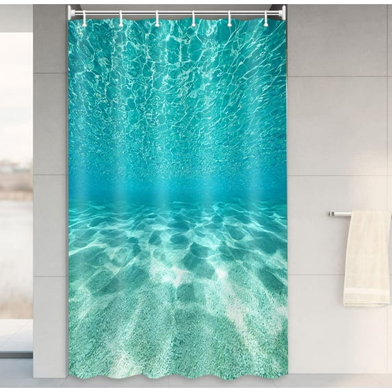 Cute Teal Blue Ocean Shower Curtain, Nature Underwater Sea World Sand Beach Bathroom Curtains Waterproof Fabric, 36 x 72 Inches