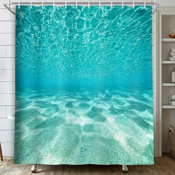 Cute Teal Blue Ocean Shower Curtain, Nature Underwater Sea World Sand Beach Bathroom Curtains Waterproof Fabric,72x84Inches