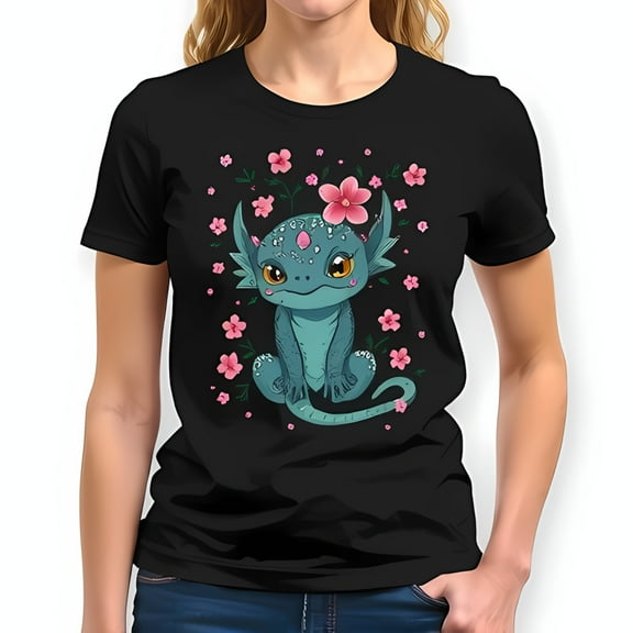 Cute Teal Dragon with Pink Flower Crown & Blossoms - Black Cotton Short Sleeve T-Shirt