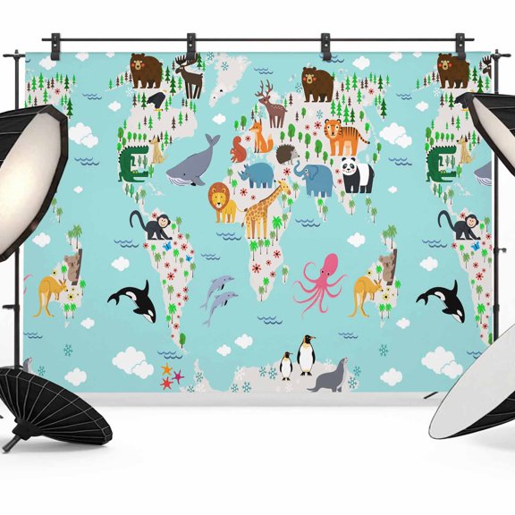 Cute Teal Photography Backdrop 7x5FT, Cartoon Animal Map Bird Bear Octopus Bunny Whale Photo Backdrops, Background for Photography Studio Photo Studio Background, Back Drop for Photoshoot