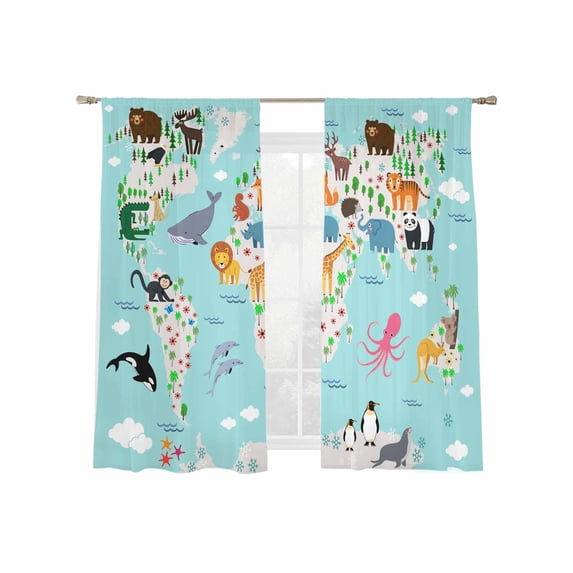 Cute Teal Sheer Curtains 72 Inch Long 2 Panels, Cartoon Animal Map Bird Bear Octopus Bunny Whale Light Filtering Rod Pocket Curtains, Sheer Voile Drapes for Living Room Bedroom, 52"x72"