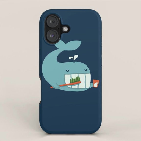 Cute Teal Whale Brushing Teeth Tough Case for Apple iPhone, Dual-Layer Polycarbonate and TPU