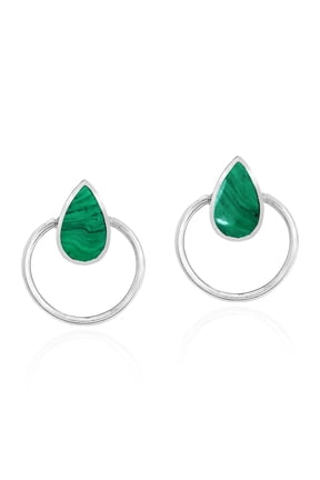 Cute Teardrops Green Malachite Stone Inlay Sterling Silver Circle Stud Earrings