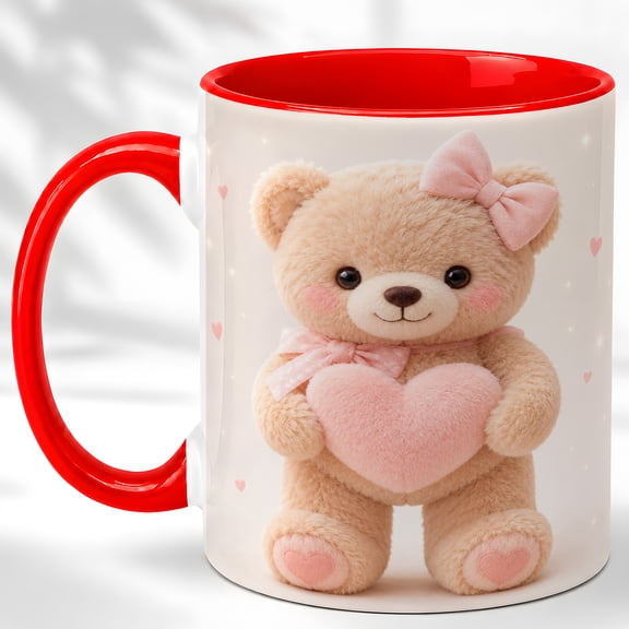 Cute Teddy Bear Coffee Mug, Plush Bear Mug for Girls and Women, Kawaii Bear Holding Pink Heart Design, Sweet Gift for Her, Ceramic 11 Oz Cup