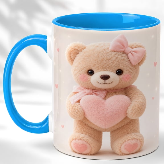 Cute Teddy Bear Coffee Mug, Plush Bear Mug for Girls and Women, Kawaii Bear Holding Pink Heart Design, Sweet Gift for Her, Ceramic 11 Oz Cup