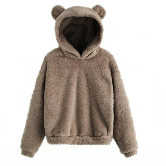 Cute Teddy Bear Ears Hoodie Long Sleeve Soft Warm Fleece Homewear 07-Khaki S