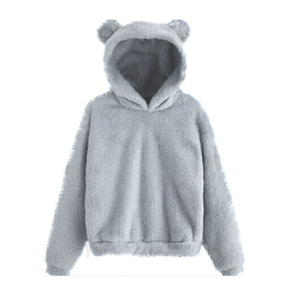 Cute Teddy Bear Ears Hoodie Long Sleeve Soft Warm Fleece Homewear 08-Light Gray L