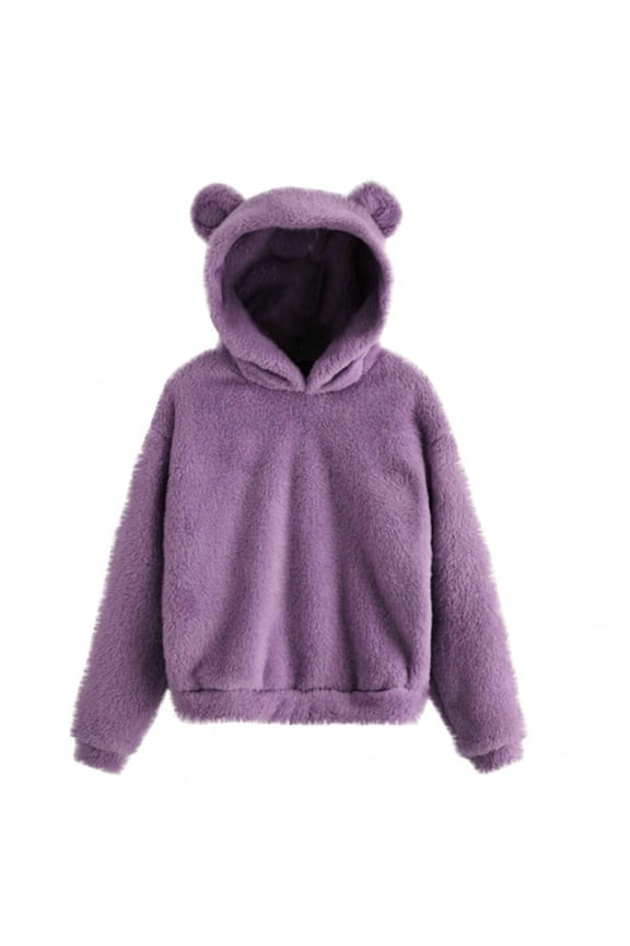 Cute Teddy Bear Ears Hoodie Long Sleeve Soft Warm Fleece Homewear 10-Purple XXL