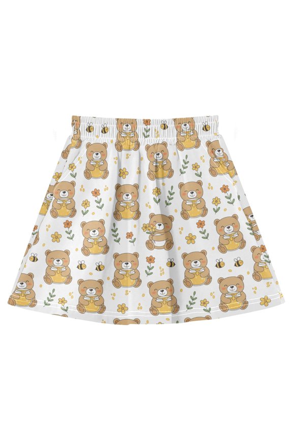 Cute Teddy Bear Flower Athletic Skirt with Pockets and Built-in Shorts for 3-8Y