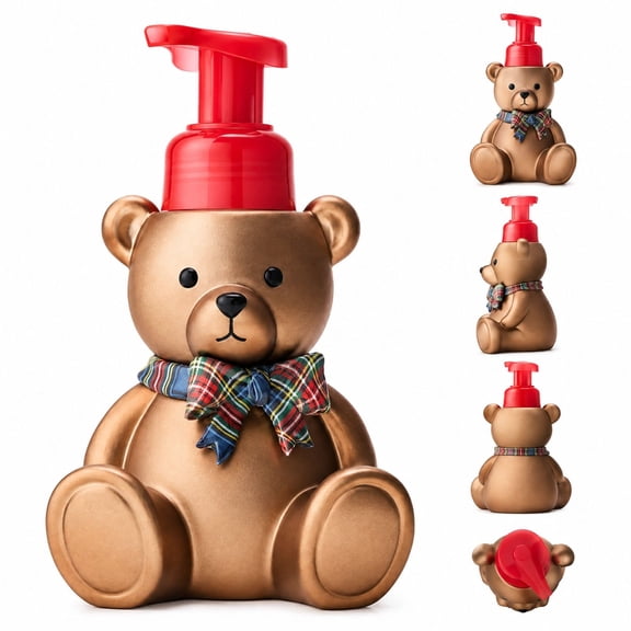 Cute Teddy Bear Foaming Hand Soap Dispenser, Bear Shaped Soap Pump with Plaid Bow Tie, Decorative Foam Soap Bottle for Bathroom Kitchen, Christmas Holiday Gift