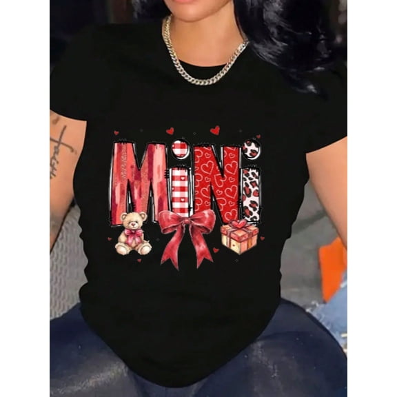 Cute Teddy Bear Heart Print Valentine's Day Women Graphic Short Sleeve Tee