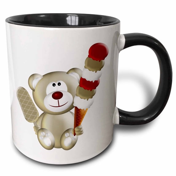 3drose, Cute Teddy Bear Holding Ice Cream Illustration, 11oz Two-tone Black Mug