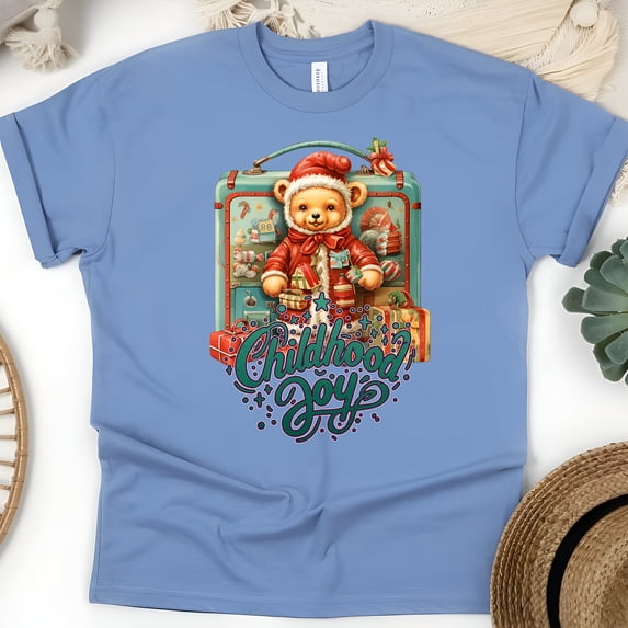 Cute Teddy Bear Holiday T-Shirt | Childhood Joy Graphic Tee, CarolinaBlue, Size M