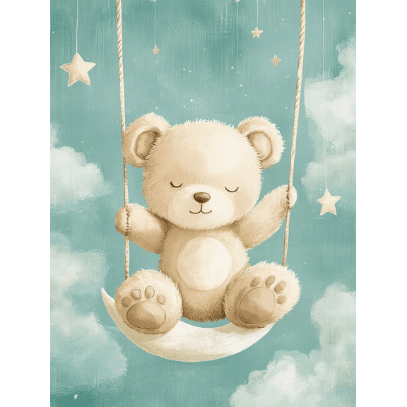 Cute Teddy Bear Moon Swing Canvas Art Print Perfect for Nursery Bedroom Living Room Playroom and Kids' Room Decoration.