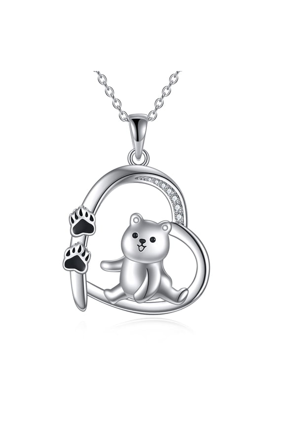Cute Teddy Bear Necklace for Women Sterling Silver Bear Paw Heart Pendant Necklace Jewelry Gifts