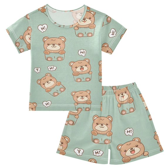 Cute Teddy Bear Pattern Summer Pajama Set Soft Cotton Short Sleeve Sleepwear 2PCS Pajama Sets Breathable Lounge Set Size 8Y
