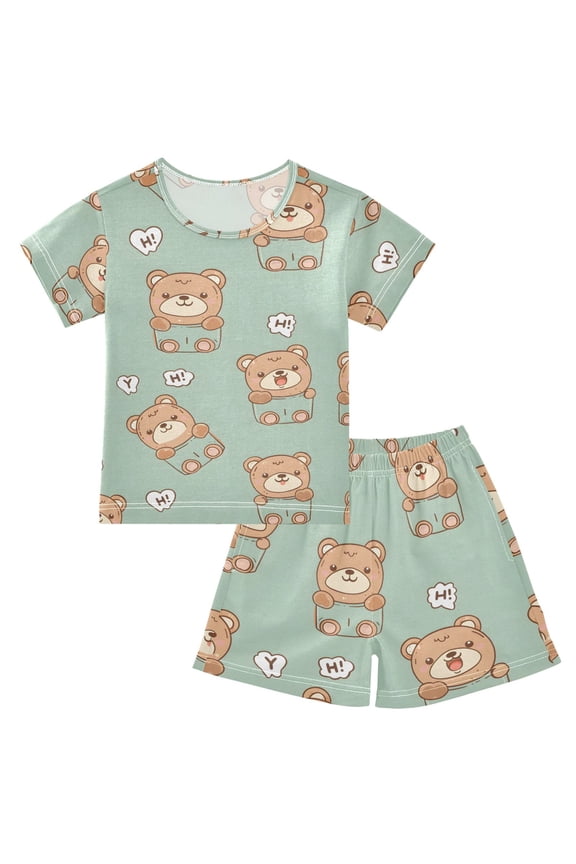 Cute Teddy Bear Pattern Summer Pajama Set Soft Cotton Short Sleeve Sleepwear 2PCS Pajama Sets Breathable Lounge Set Size 8Y