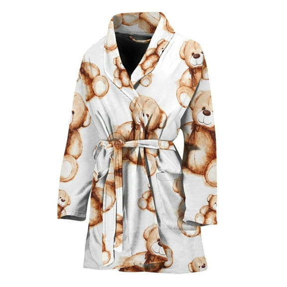 Cute Teddy Bear Pattern Women Bathrobe One Size Univeral Fits, Bear Fashion Lightweight Plush Fleece Long Robe For Women