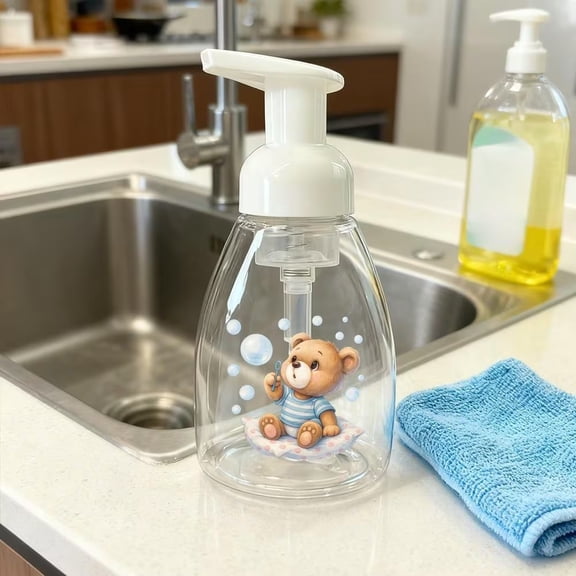 Cute Teddy Bear Print Refillable Foaming Soap Dispenser - Durable Plastic Pump Bottle for Bathroom and Kitchen