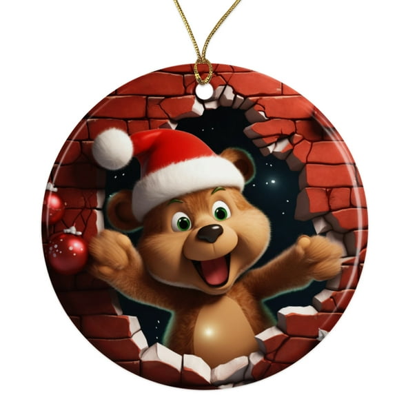 Cute Teddy Bear Santa Hat Ceramic Ornament - Breakthrough 3D Effect Burst Illusion Kids Ornament - 3 Inch Christmas Tree Round Ornament - Xmas Holiday Decor - String Included - ORNW0047