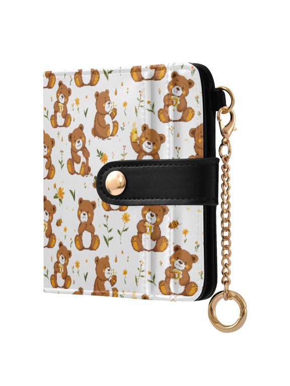 Cute Teddy Bear Small Wallet for Women RFID Blocking Bifold PU Leather Credit Card Holder with Zipper Coin Pocket Compact Cute Travel Purse Magnetic Snap 7 Card Slots