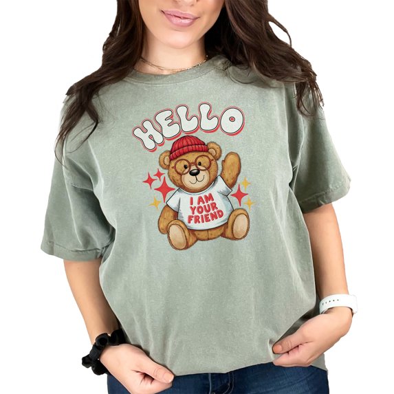 Cute Teddy Bear T-Shirt, Adorable Bear with Glasses and Beanie Tee, Fun Graphic Tee, Hello I Am Your Friend Shirt for All Ages, Moss Comfort Colors T-Shirt, XL