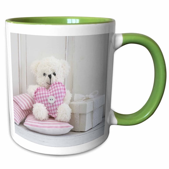 3drose, Cute Teddy Bear with Fabric Heart, 15oz Two-tone Green Mug