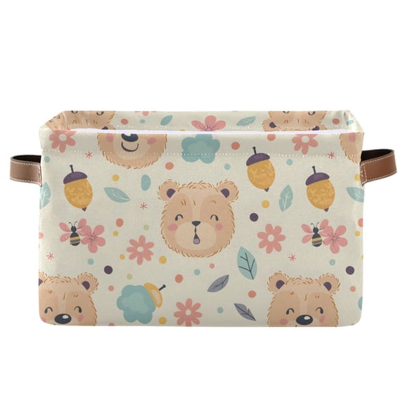 Cute Teddy Bear and Acorns Storage Bins with Handle Fabric Organizer Basket Foldable Box 1 Pack 14.2x10.2x8.3