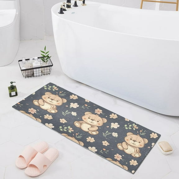 Cute Teddy Bear and Flower Bath Mat 39x20 Non-Slip Bathroom Rugs Absorbent Soft Plush Quick Dry for Tub Shower Kitchen Home Decor