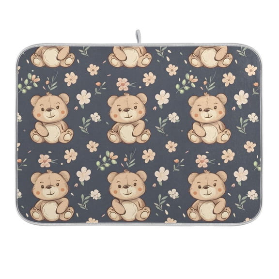 Cute Teddy Bear and Flower Dish Drying Mat 16x18 Absorbent Microfiber Draining Rack Pad for Kitchen Counter Sink