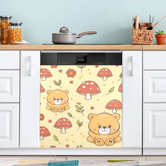 Cute Teddy Bear and Mushroom Dishwasher Magnet Cover Magnetic Fridge Door Cover Home Kitchen Decor 23"x 26"