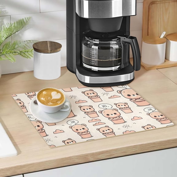 Cute Teddy Bear in Pots Dish Drying Mat 12"x18" Kitchen Counter Dish Pad Microfiber Absorbent Drainer Rack for Coffee Bar