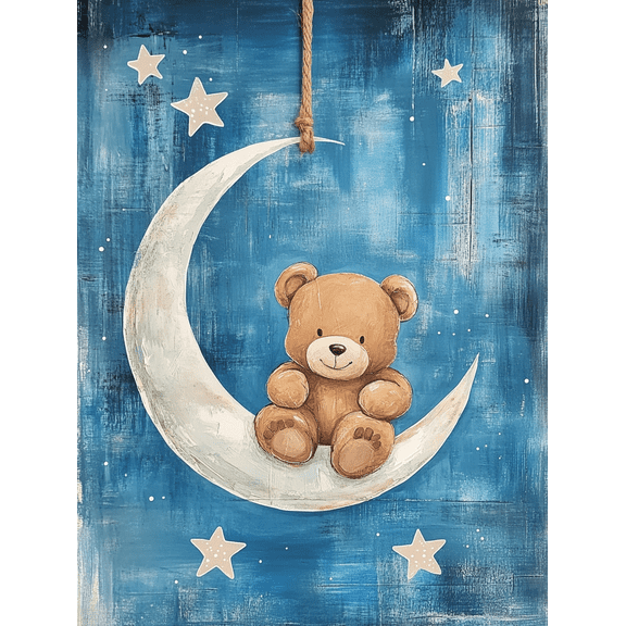 Cute Teddy Bear on Crescent Moon Canvas ArtPerfect for Nursery Bedroom Living Room Kids Room Playroom and Baby Room Decoration.