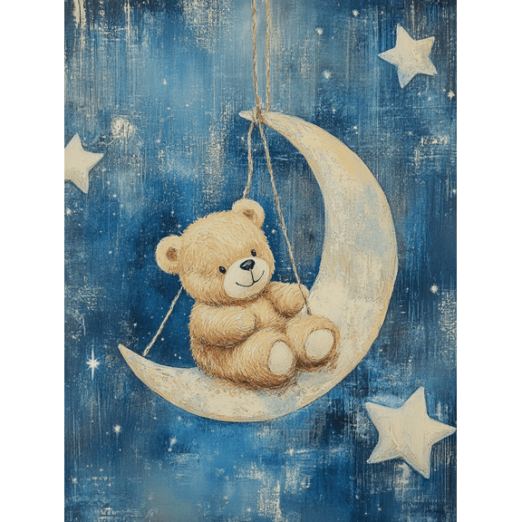 Qisvanset Cute Teddy Bear on Crescent Moon Canvas Wall Art, 15.75x11.81 Inches, for Bedroom Nursery Living Room Kids Room Playroom