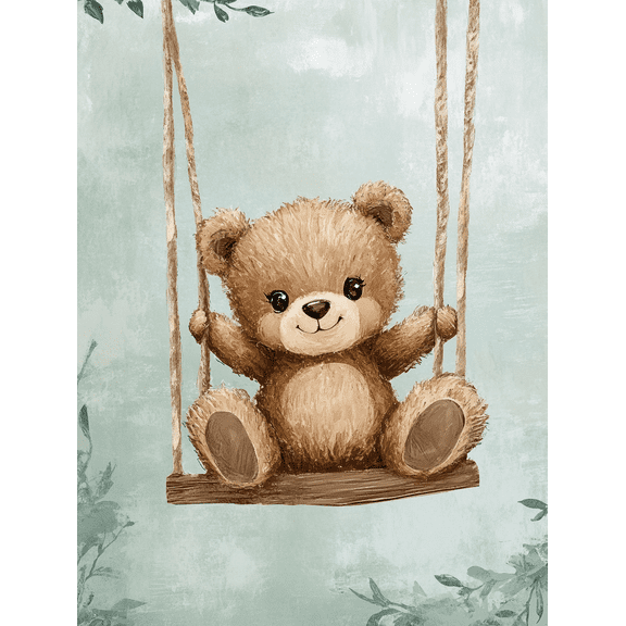 Cute Teddy Bear on Swing Canvas Wall Art Perfect for Living Room Bedroom Nursery Kids Room and Playroom Decoration.