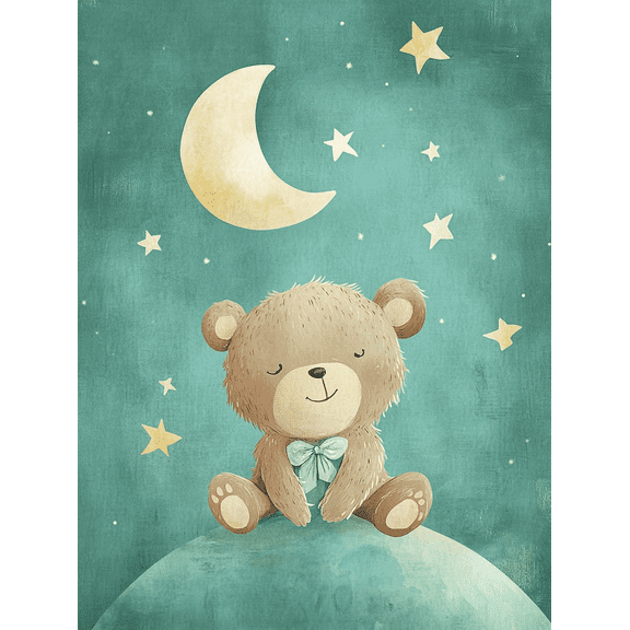 Cute Teddy Bear under the Moon Canvas Art Print Suitable for Bedroom Living Room Nursery Kids Room and Office Decoration.