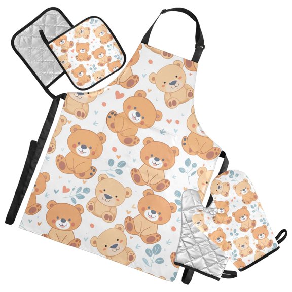 Cute Teddy Bears 5 Pcs Kitchen Set Heat Resistant Oven Mitts and Non-Slip Pot Holders with Adjustable Cooking Apron