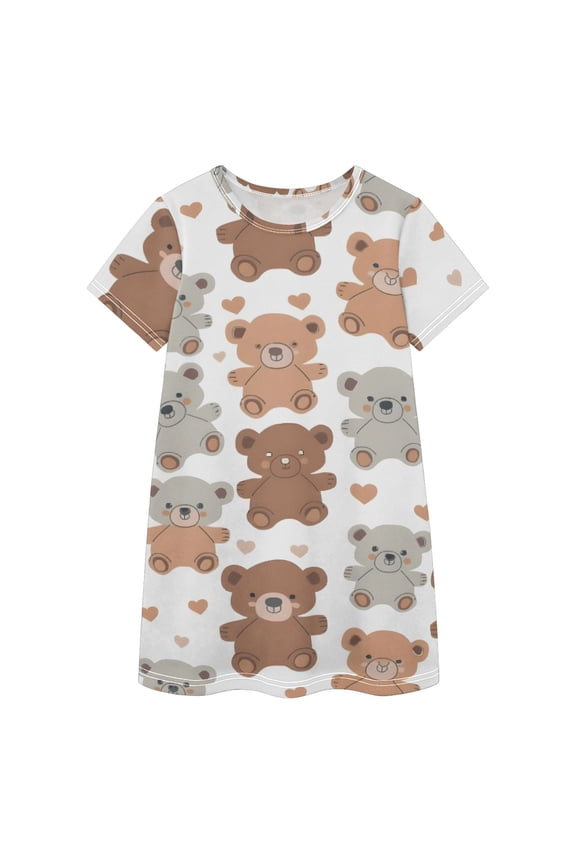 Cute Teddy Bears Pattern Girls' Casual Dresses Short Sleeve Cotton Dress for School Daily Wear 4T