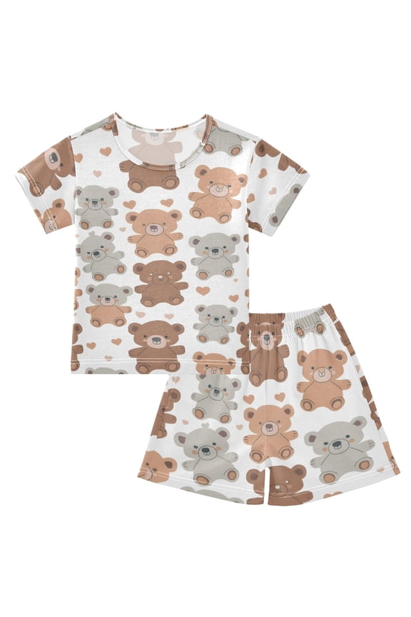 Cute Teddy Bears Pattern Summer Pajama Set Soft Cotton Short Sleeve Sleepwear 2PCS Pajama Sets Breathable Lounge Set Size 6Y