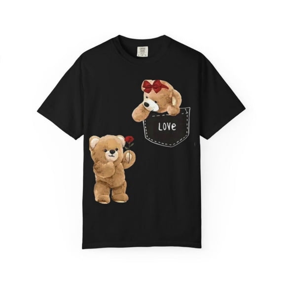 Cute Teddy Bears Pocket Love T-Shirt Heart Rose Plush Design