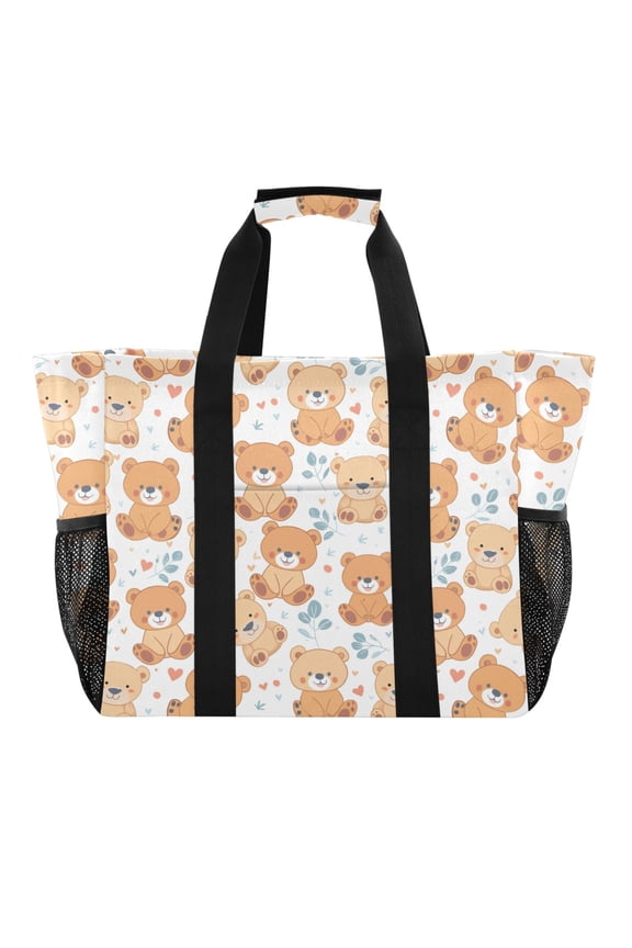 Cute Teddy Bears Reusable Grocery Bags with Handle Side Pocket Waterproof Shopping Portable Tote