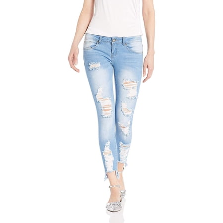 Cute Teen Girl Plus Size Cute Mid High Rise Waisted Ripped Torn Skinny Blue Juniors, Light, 16