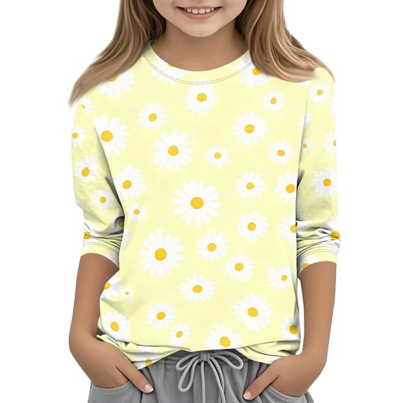 Cute Teen Girl Shirts 10-12 Summer 3/4 Sleeve Daisy Printed Tee Shirts Trendy Soft Lightweight Big Sister Outfit Crew Neck Shirts Yellow 3-4 Years
